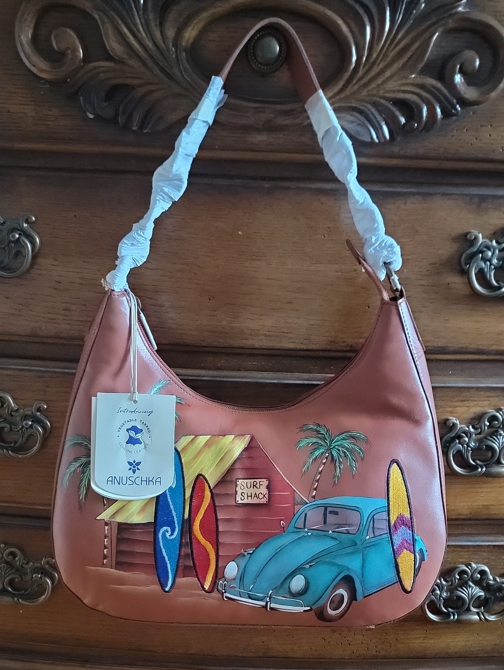 NWT Anuschka Surf Shack Hand Painted W/Embroidery Leather Hobo Bag Purse New